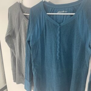 2 Eddie Bauer Waffle Knit Henley Top Thermal Snap Front Shirt Gray & Teal Large